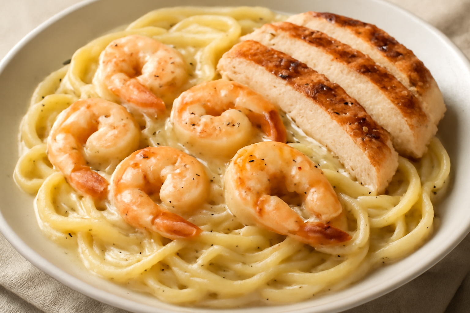 Plate of creamy fettuccine Alfredo with shrimp and grilled chicken, garnished with black pepper and set on a textured cloth.
