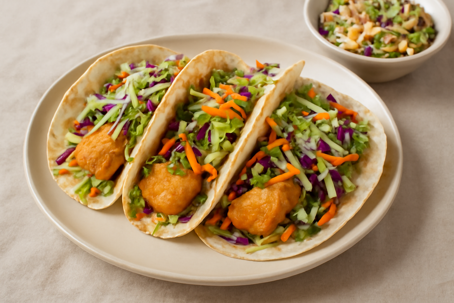 Three fish tacos with crispy fish fillets and vibrant coleslaw, served on soft corn tortillas with a side of slaw.