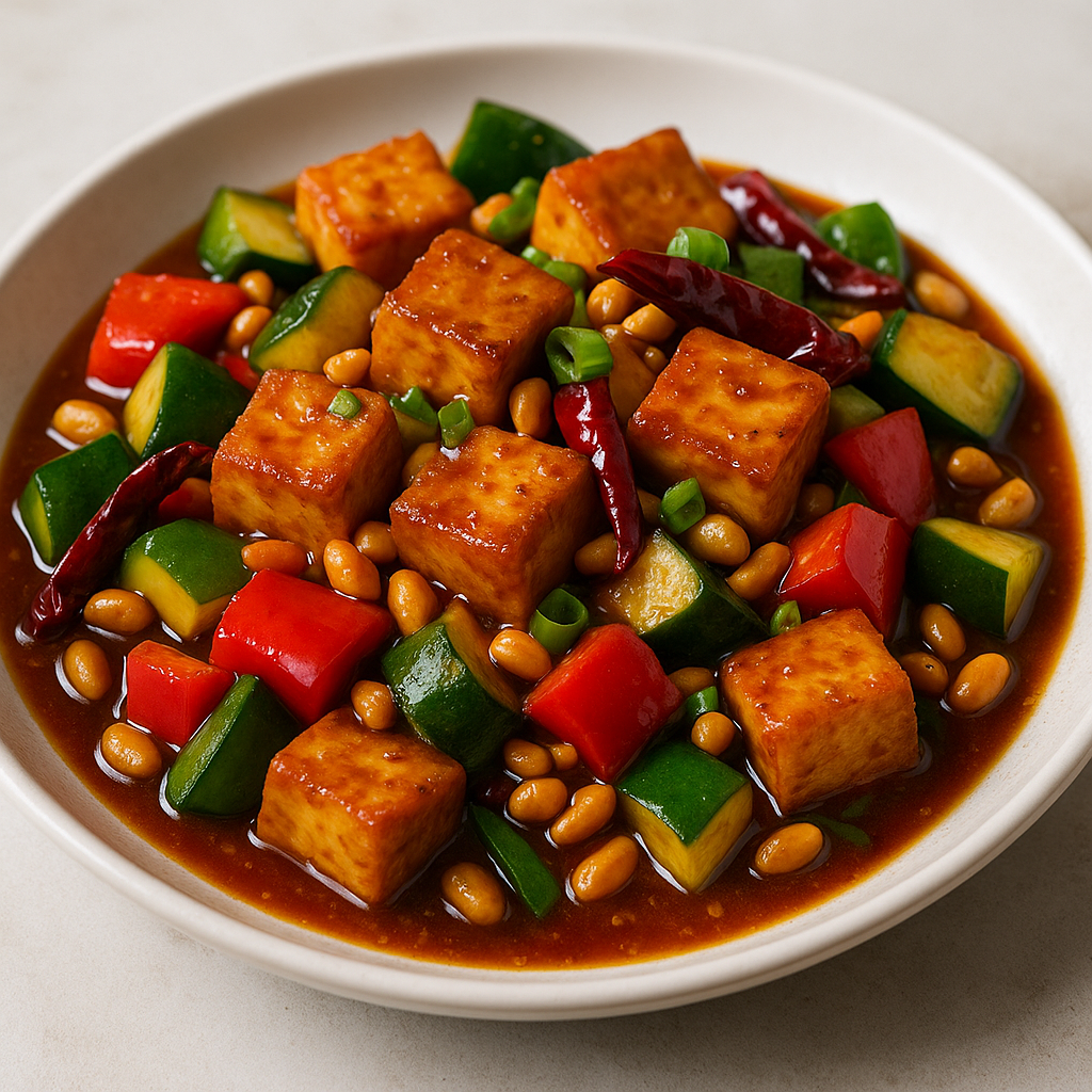 Crispy tofu stir-fried with peppers, zucchini, peanuts, and spicy Kung Pao sauce